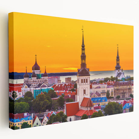 Panoramic view of a European coastal town on a large stretched canvas, featuring muted earth tones.