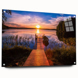 Acrylic print of a serene Finnish landscape in muted greens and blues, ideal for dining room decor.
