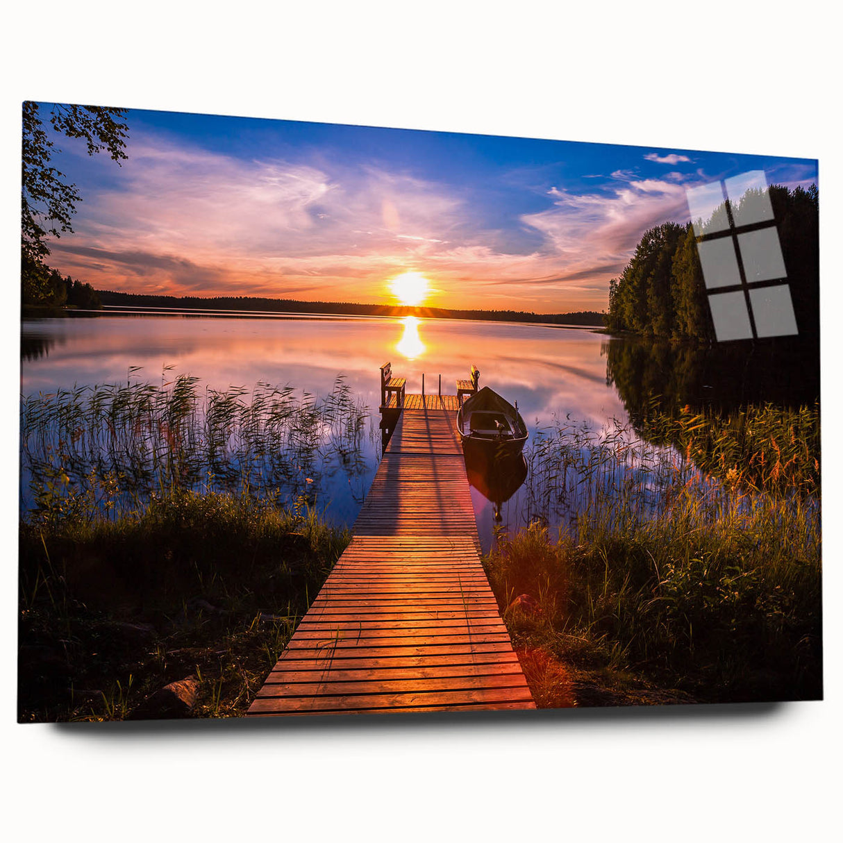 Acrylic print of a serene Finnish landscape in muted green and blue tones, ideal for bedroom or dining room art.