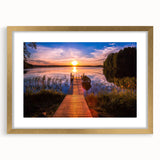 Abstract art print of a serene Finnish landscape in muted blue and green hues on a framed golden canvas.