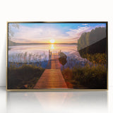 Art deco poster of a serene Finnish landscape in muted blues and greens on framed acrylic.