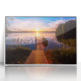 Mid-century modernist art depicting a serene Finnish landscape in muted earth tones, framed acrylic print.