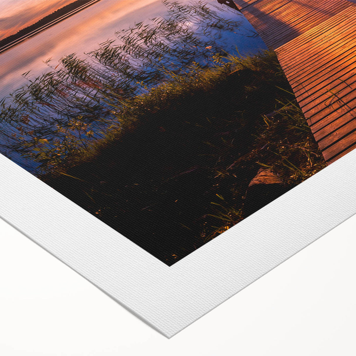 Art deco poster of a serene Finnish landscape in cool blue and green tones on rolled canvas, ideal for dining room wall art.