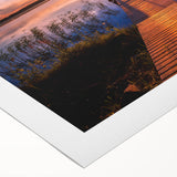 Art deco poster of a serene Finnish landscape in cool blue and green tones on rolled canvas, ideal for dining room wall art.