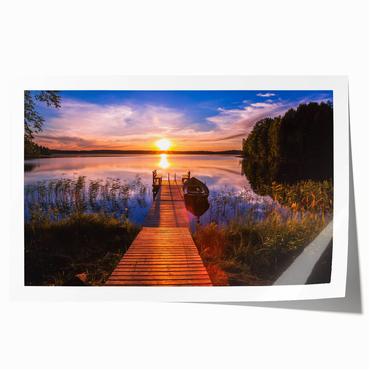 Scenic Finland landscape rolled print featuring a tranquil lake with muted blue and green tones.
