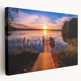 Serene Finnish landscape on large stretched canvas, featuring muted blue and green tones, ideal for kitchen wall art.