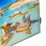Large abstract wall art of Corsica's coastline in muted earth tones on acrylic glass, suitable for dining room ambiance.