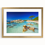 Abstract art print of a Corsican landscape in muted earth tones, framed in gold, ideal for dining room decor.