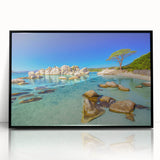 Large abstract wall art depicting a stylized Corsican landscape in muted earth tones on a framed acrylic print.