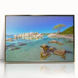 Art deco poster of Corsican landscape in gold frame, featuring muted earth tones, ideal for modern art wall decor.