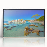 Large art print of a Corsican landscape in muted earth tones, framed in silver acrylic, suitable for modern nursery decor.