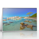 Mid-century modernist art depicting the Corsican landscape in muted earth tones on a framed acrylic print.