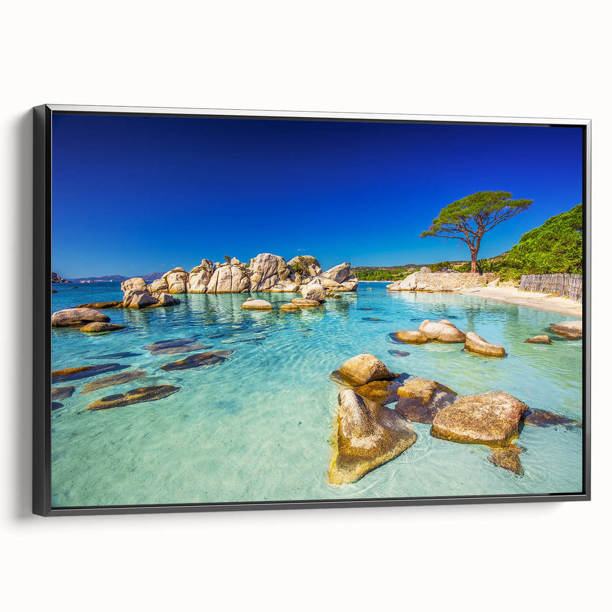 Black and white landscape art painting of Corsica on framed canvas, ideal for bedroom wall decor.