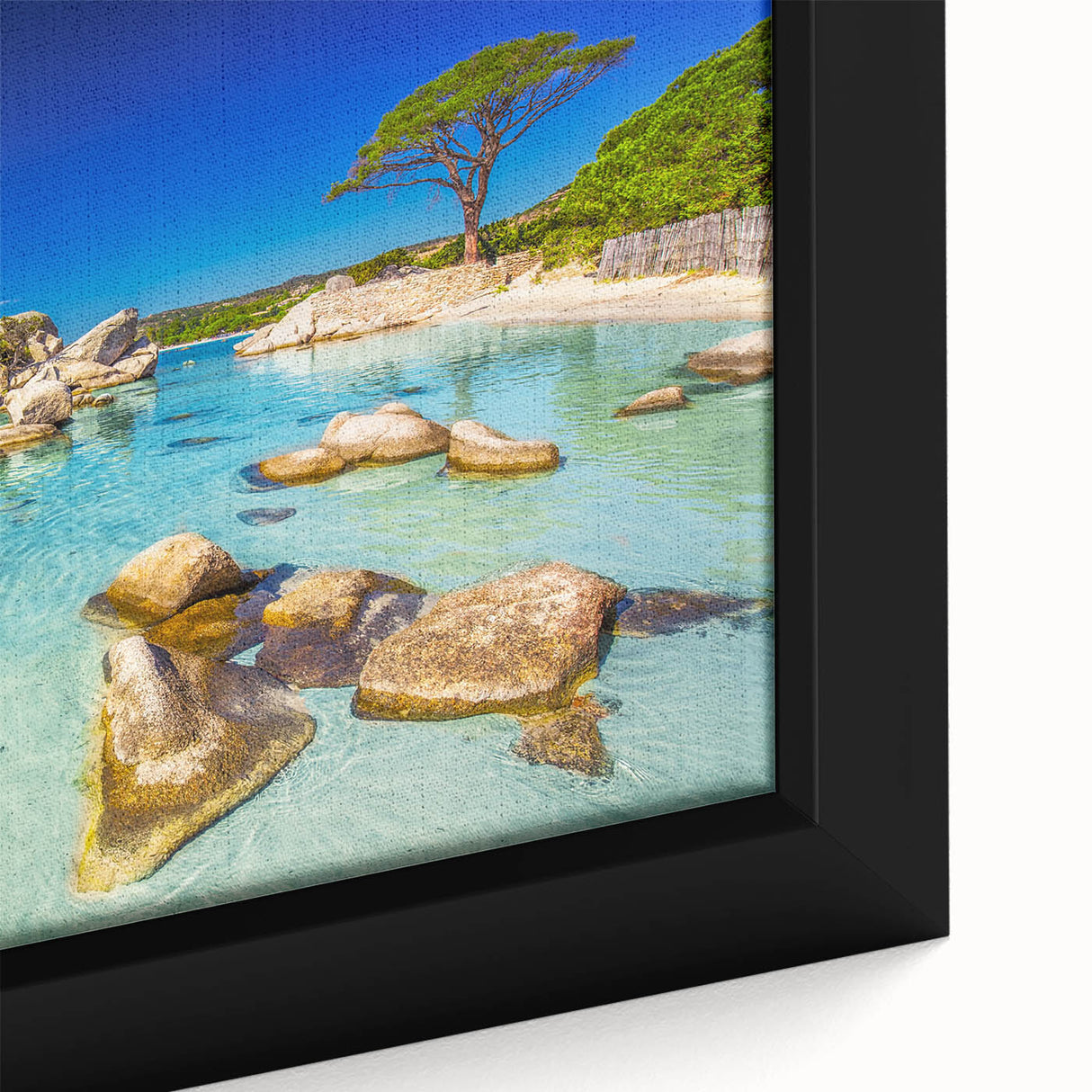 Extra large framed canvas of a textured Corsican landscape in black with colorful accents, ideal for living room decor.