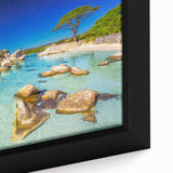 Extra large framed canvas of a textured Corsican landscape in black with colorful accents, ideal for living room decor.