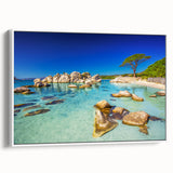 Vintage poster art of a Corsican landscape on a framed canvas, featuring vibrant colors against a black background.