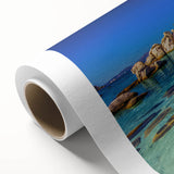 Art deco poster of Corsican landscape with muted blue and green tones on rolled canvas, ideal for nursery wall art.