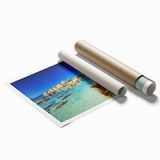 Extra large rolled print depicting a serene Corsican landscape with lush greenery and soft blue skies.