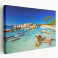 Scenic Corsica landscape on stretched canvas, featuring vivid blue and green tones, ideal for kitchen wall art.