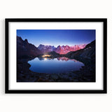 Extra large wall art of the French Alps in vibrant colors and textured abstract art prints, framed in black.