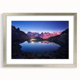 Extra large wall art depicting the French Alps in textured, abstract style with cool blue and white tones, framed in silver.