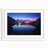 Textured abstract art print of the French Alps in muted earth tones on a framed canvas, suitable for bedroom decor.