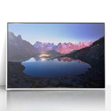 Mid-century modernist art depicting the French Alps in muted tones on a framed acrylic, suitable for nursery wall art.