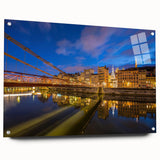 Acrylic print of Lyon, France with vibrant twilight hues, ideal for dining room art.