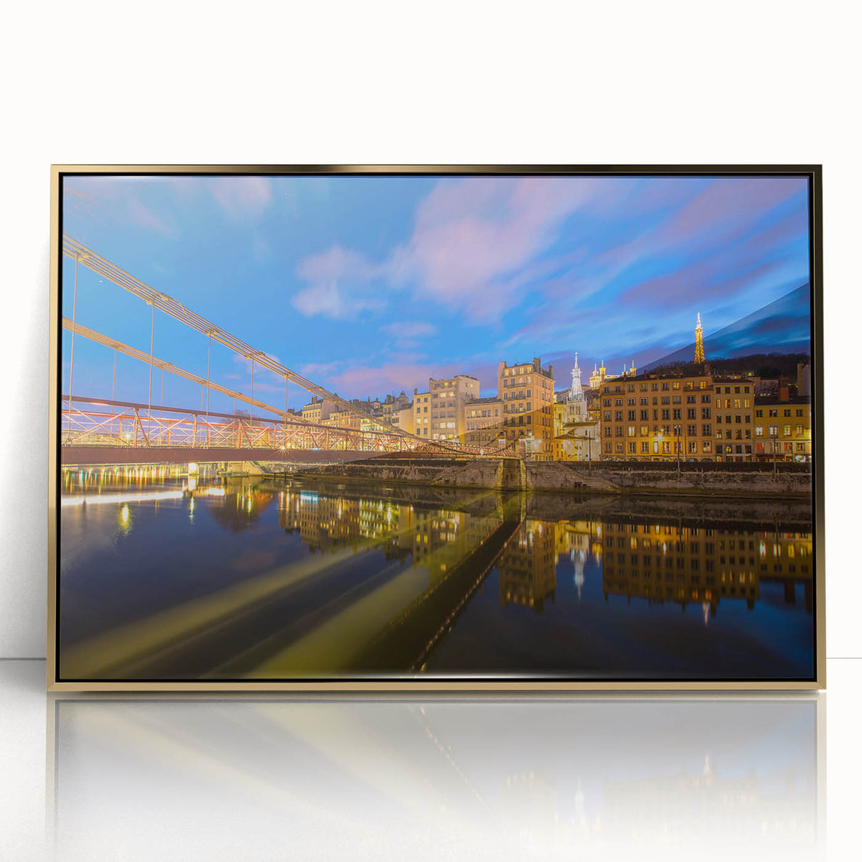 Art Deco poster of Lyon, France, featuring muted gold and blue tones on framed acrylic, suitable for modern art wall decor.