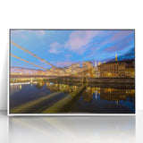 Mid-century modernist art of Lyon scenery in muted pastel tones on a framed acrylic, fitting for nursery wall decor.