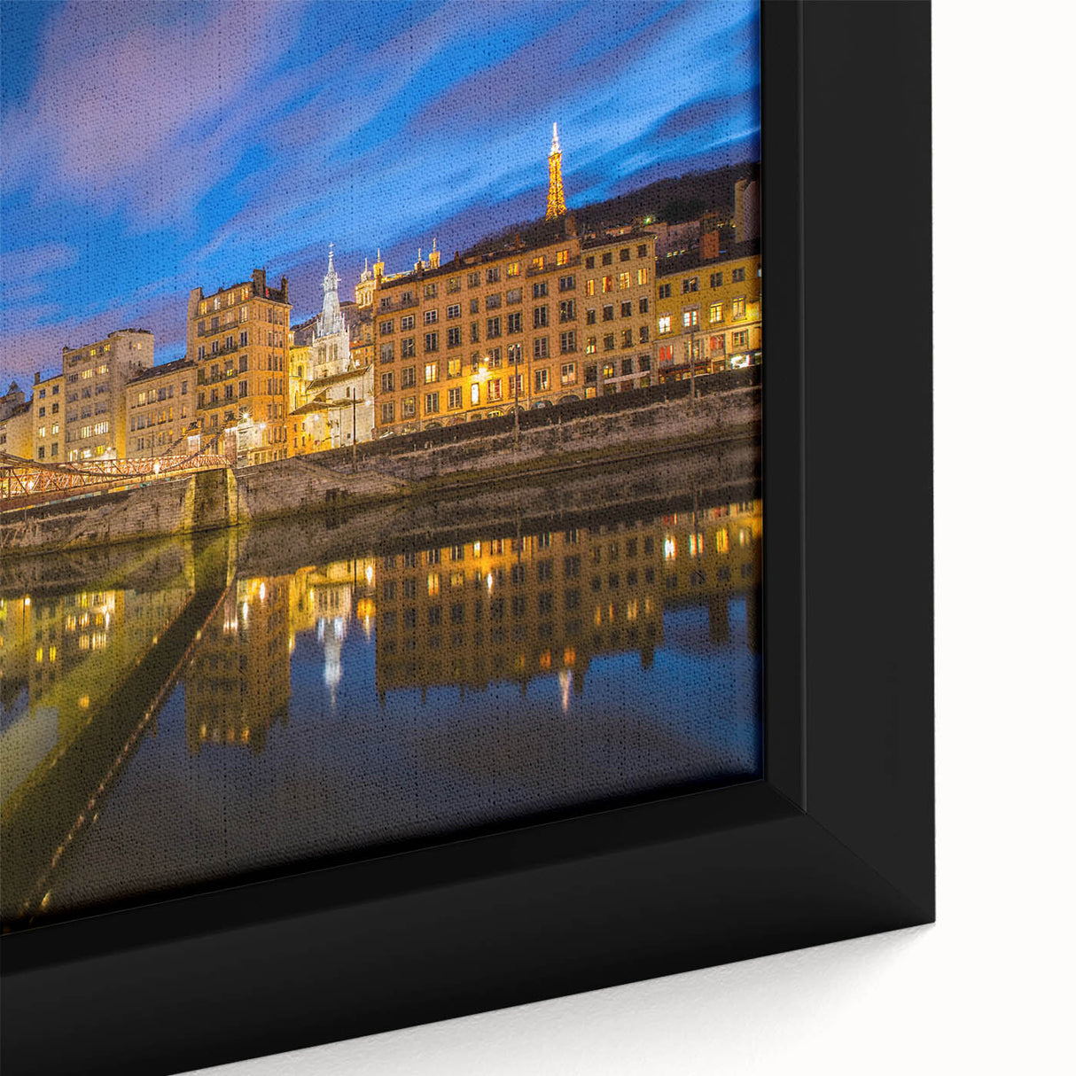 Extra large black wall art of Lyon, France on textured canvas, featuring colorful, abstract elements.