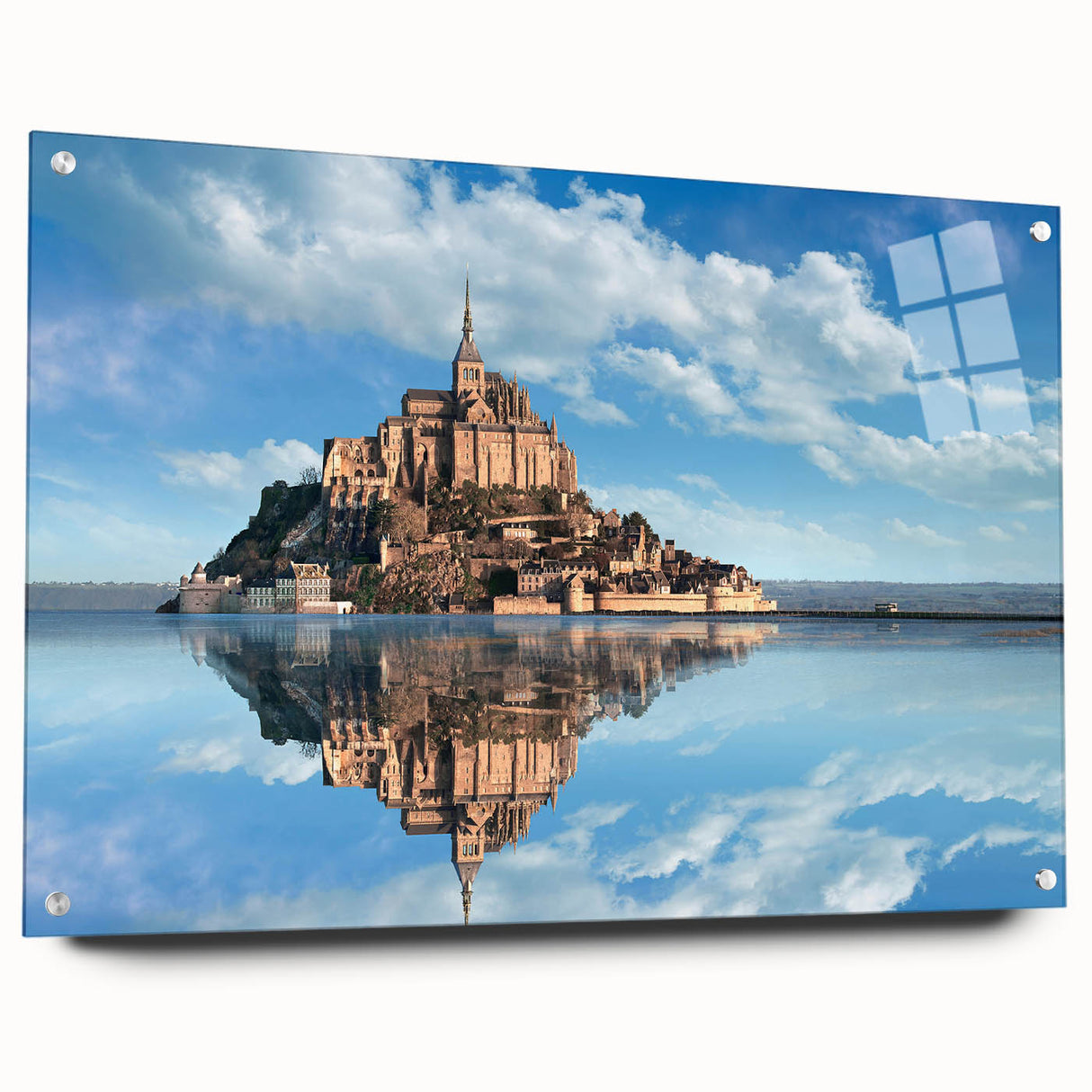 Large abstract depiction of a European landscape on acrylic glass, using broad strokes of blue and green.