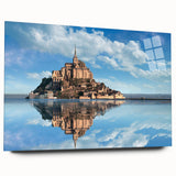 Large abstract wall art depicting a serene French landscape in muted green and blue tones on acrylic glass.