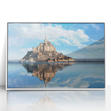 Mid-century modernist art depicting a serene French landscape in muted green and blue tones on framed acrylic.