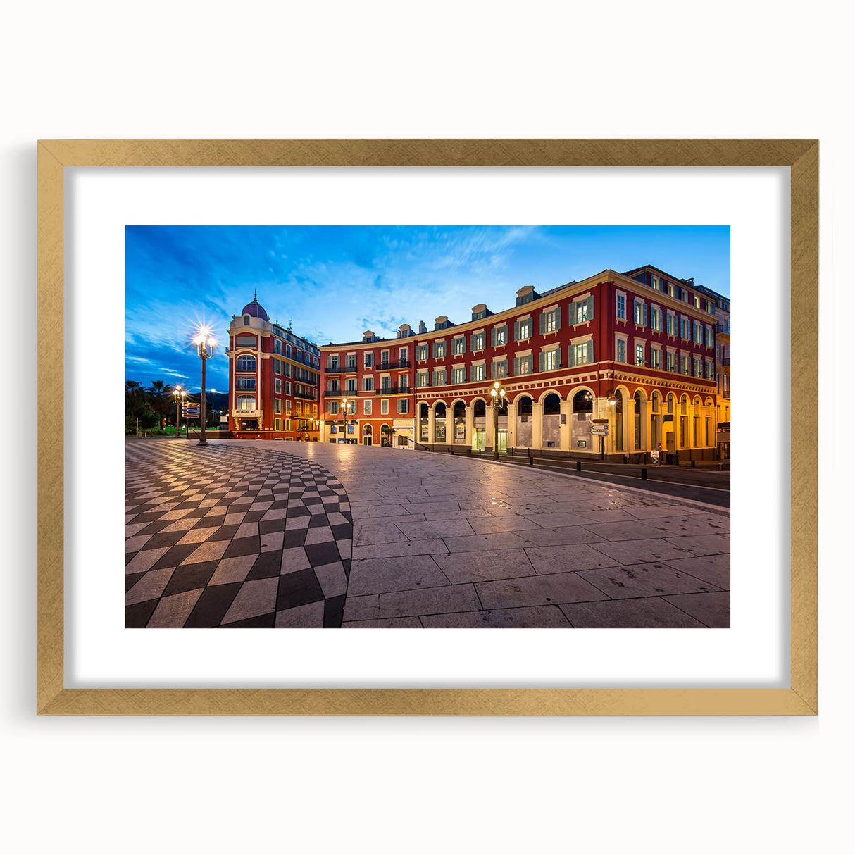 Abstract art print of Nice, France scenery in muted gold and blue tones on a framed canvas, suitable for dining room decor.