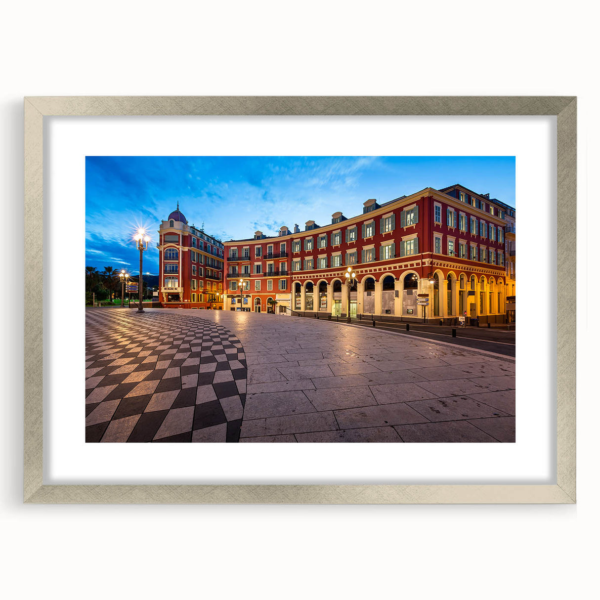 Extra large abstract art print of a textured European scenery, in muted earth tones, framed in silver.