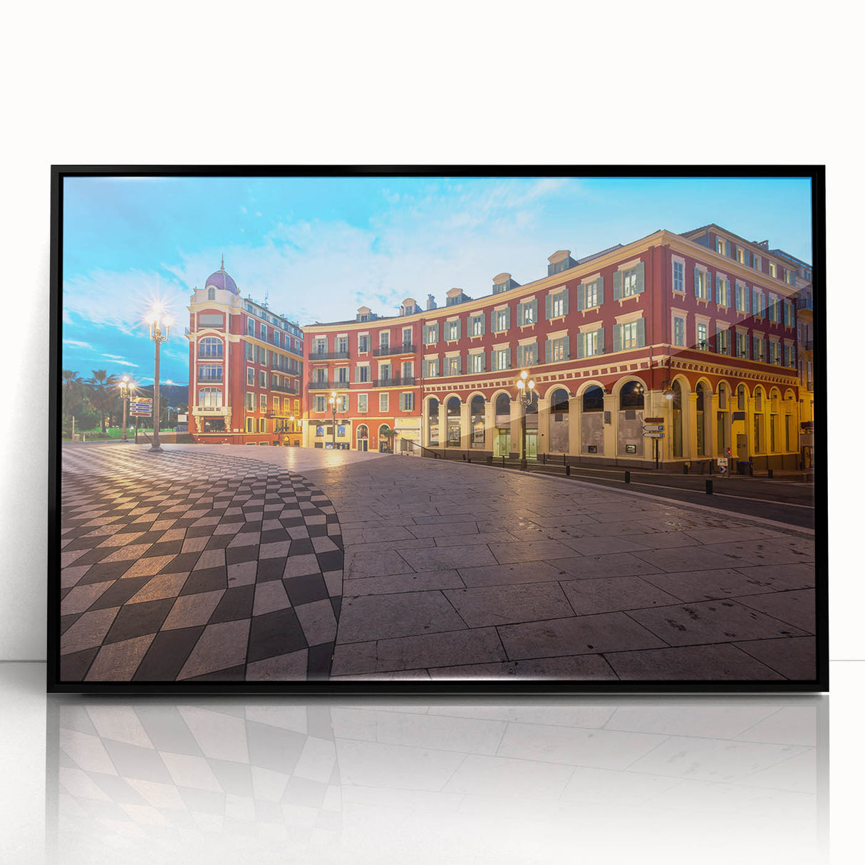 Large abstract wall art depicting the Nice, France skyline in muted grays and blues on a framed acrylic print.