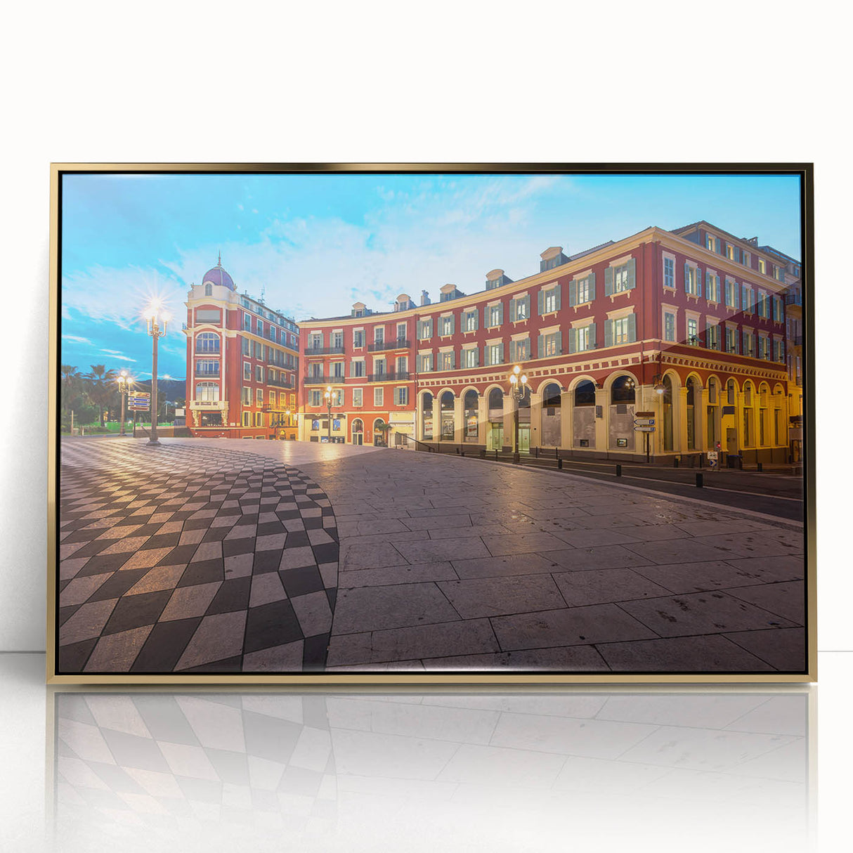 Art deco poster of Nice, France in muted gold and blue tones on a framed acrylic, ideal for modern art wall decor.