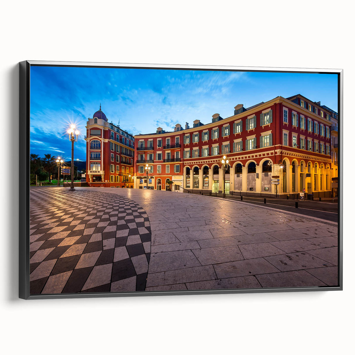 Black and white vintage poster art of Nice, France landscape on framed canvas, suitable for bedroom wall decor.