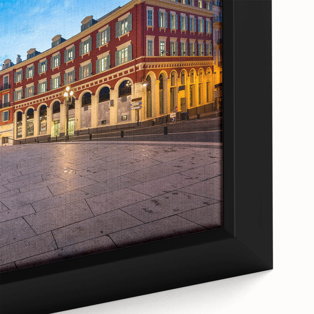 Extra large black wall art featuring a textured, colorful depiction of Nice, France on framed canvas.