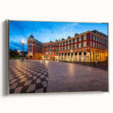 Landscape art painting of Nice, France, featuring colorful buildings in vintage poster style on a black framed canvas.