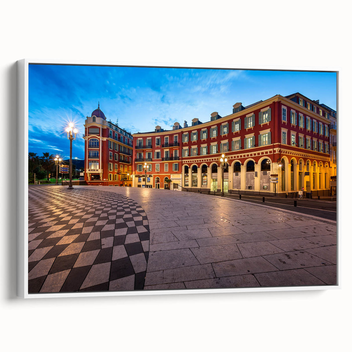 Vintage poster art of Nice, France in colorful hues on a large framed canvas, ideal for living room decor.