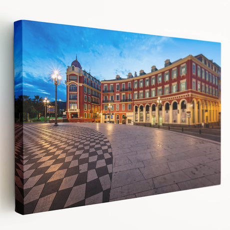 Large art print of Nice, France scenery on stretched canvas, featuring muted coastal colors, ideal for kitchen wall art.
