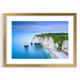 Abstract art print of Normandy landscape in muted green and blue tones on a gold-framed canvas, ideal for dining room decor.