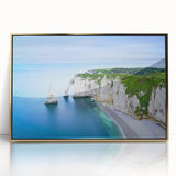 Art deco poster of Normandy scenery with muted gold and blue tones on framed acrylic, suitable for modern art wall decor.