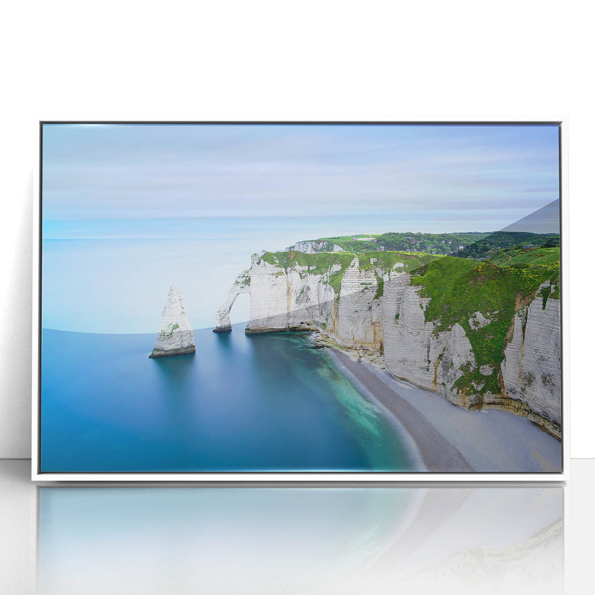 Mid-century modernist art of Normandy landscape in muted greens and blues on a framed acrylic, suitable for nursery wall art.