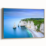 Framed canvas depicting a vintage-style landscape of Normandy with muted earth tones, ideal for bedroom wall art.