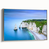 Landscape art painting of Normandy, France in muted colors on a framed canvas, ideal for living room decor.