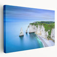 Large canvas print depicting the Normandy coastline in muted blues and greens, ideal for kitchen wall art.