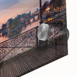 Large abstract depiction of Paris' cityscape in muted gray and blue tones on acrylic glass.